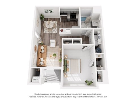 Floor plan for 1 bed, 1 bath, 731 sqft
